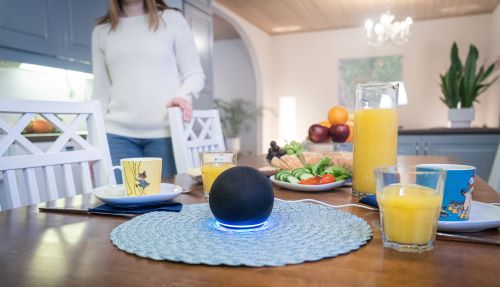 Amazon Alexa on a breakfast table