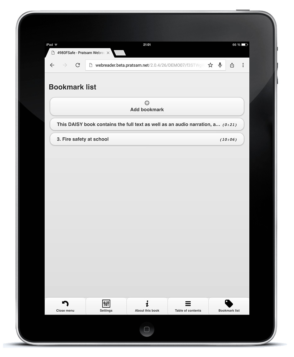 Pratsam Reader Web - Bookmarks menu in the web app on an iPad