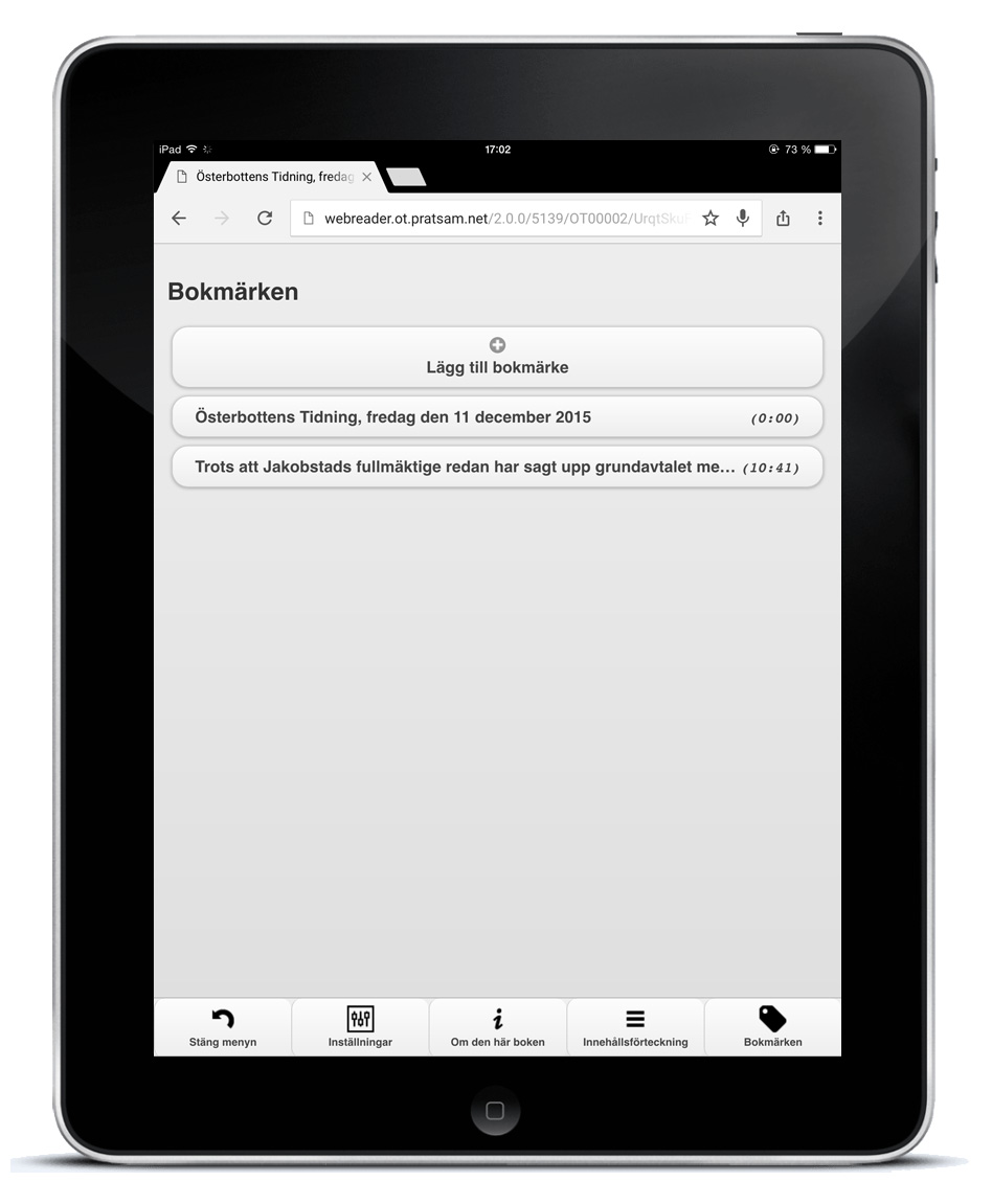 Pratsam Reader Web bokmärken på iPad