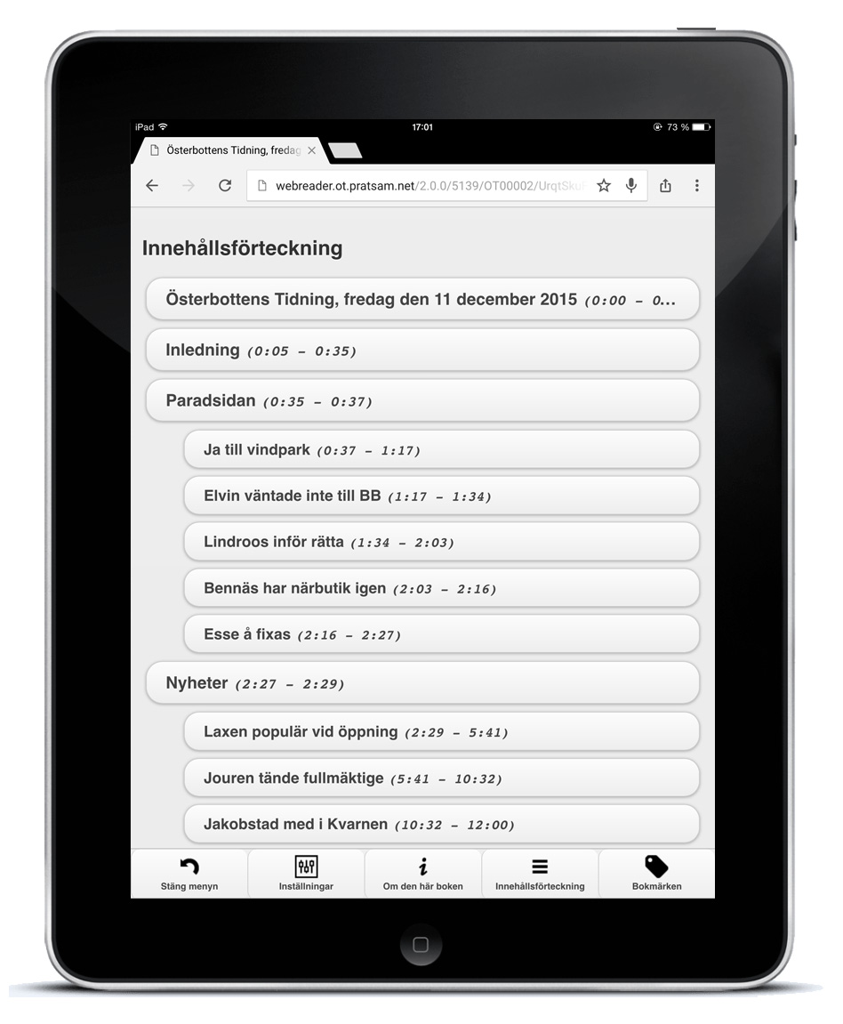 Pratsam Reader Web innehållsförteckning på iPad